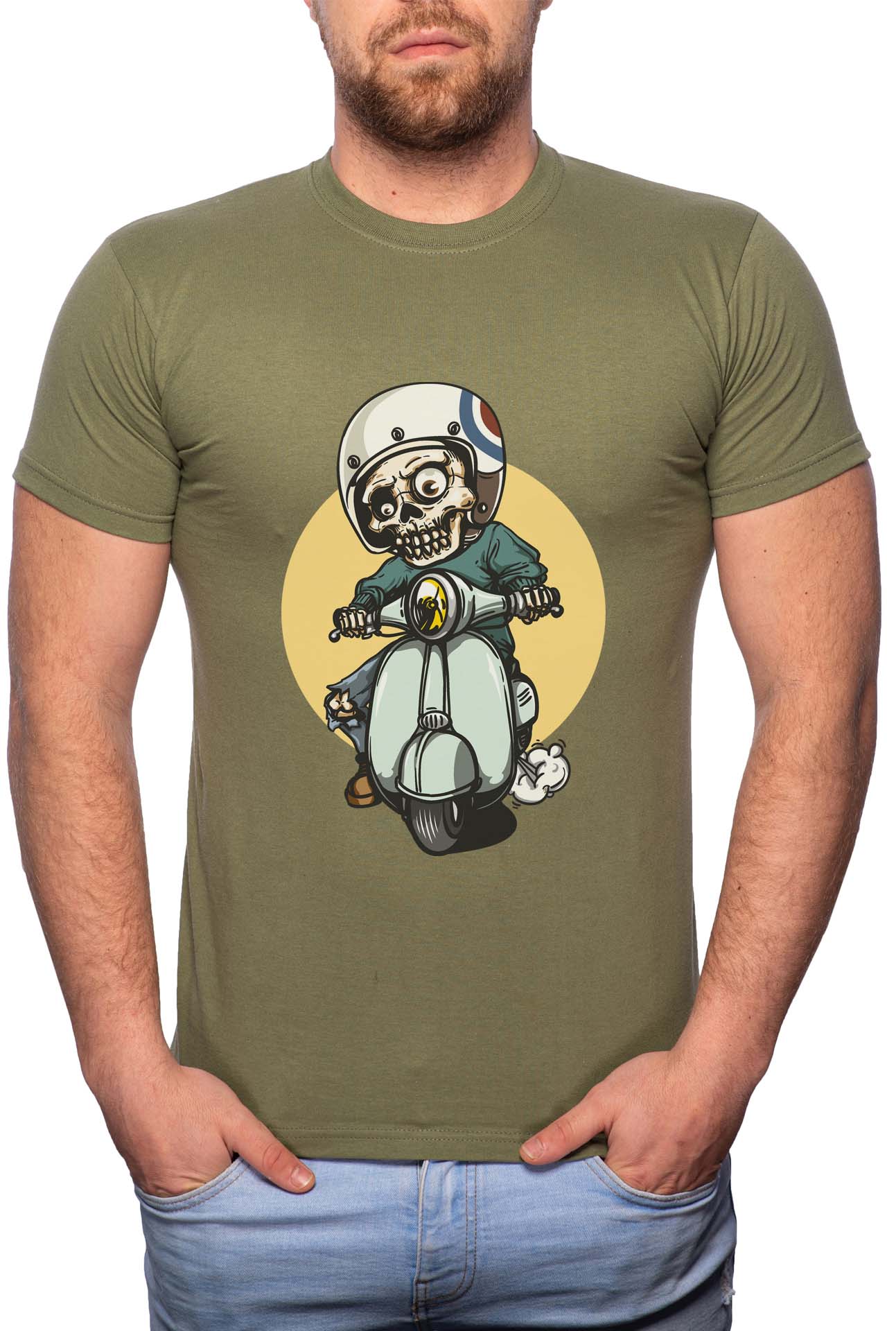 Tricou barbati, Biker Skeleton, 100% Bumbac, W297, Verde militar