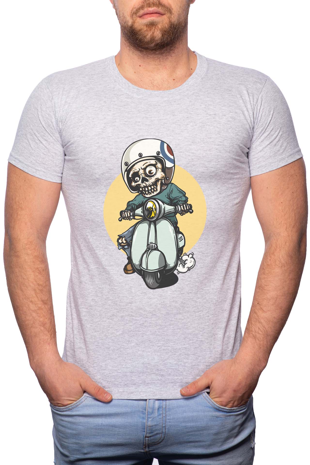 Tricou barbati, Biker Skeleton, 100% Bumbac, W297, Gri