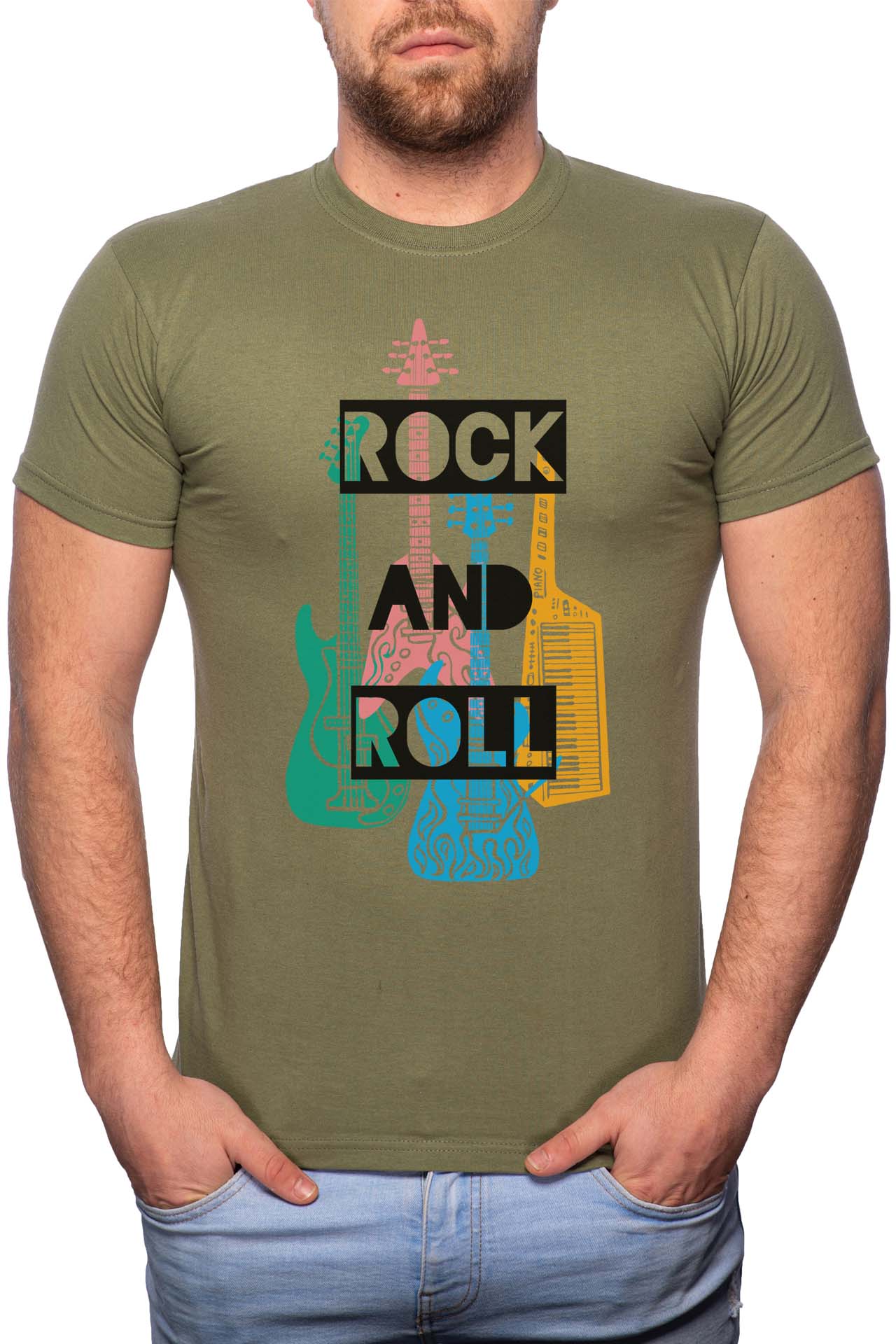 Tricou barbati, Rock And Roll Music, 100% Bumbac, R313, Verde militar
