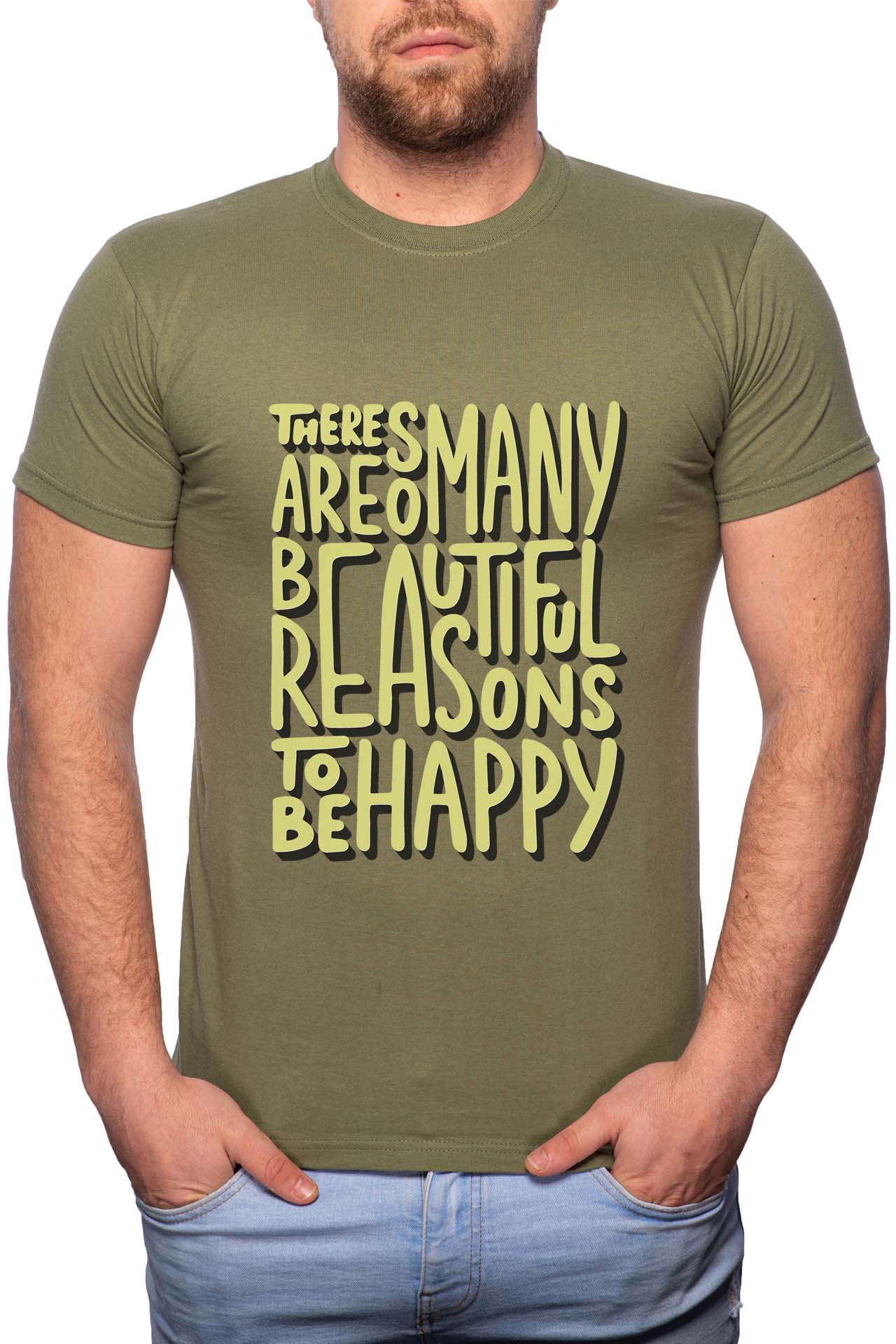 Tricou barbati, Be Happy, 100% Bumbac, GM316, Verde militar