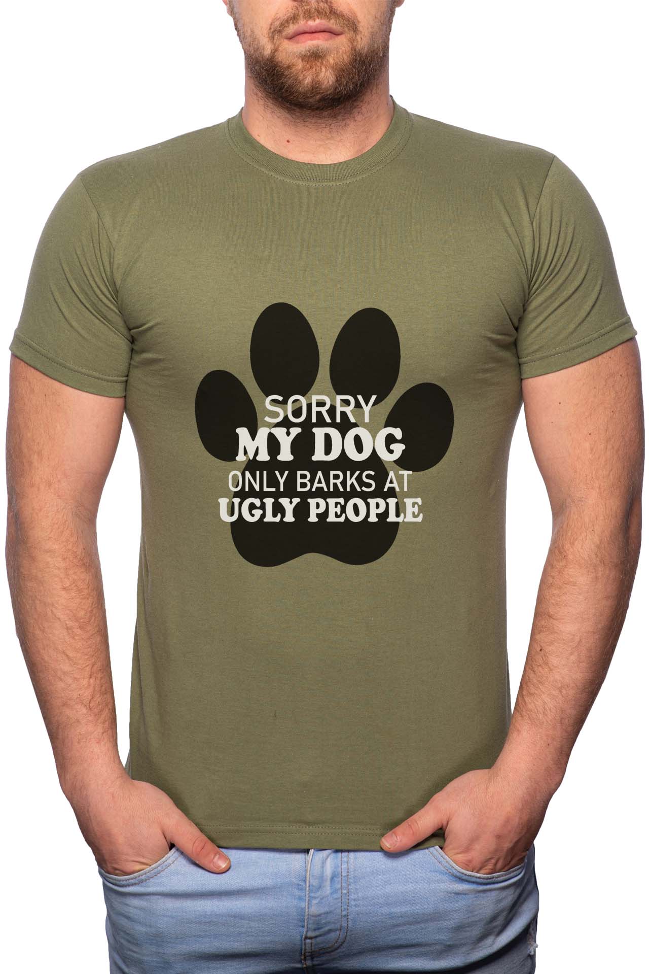 Tricou barbati, My Dog Only Barks, 100% Bumbac, G348, Verde militar