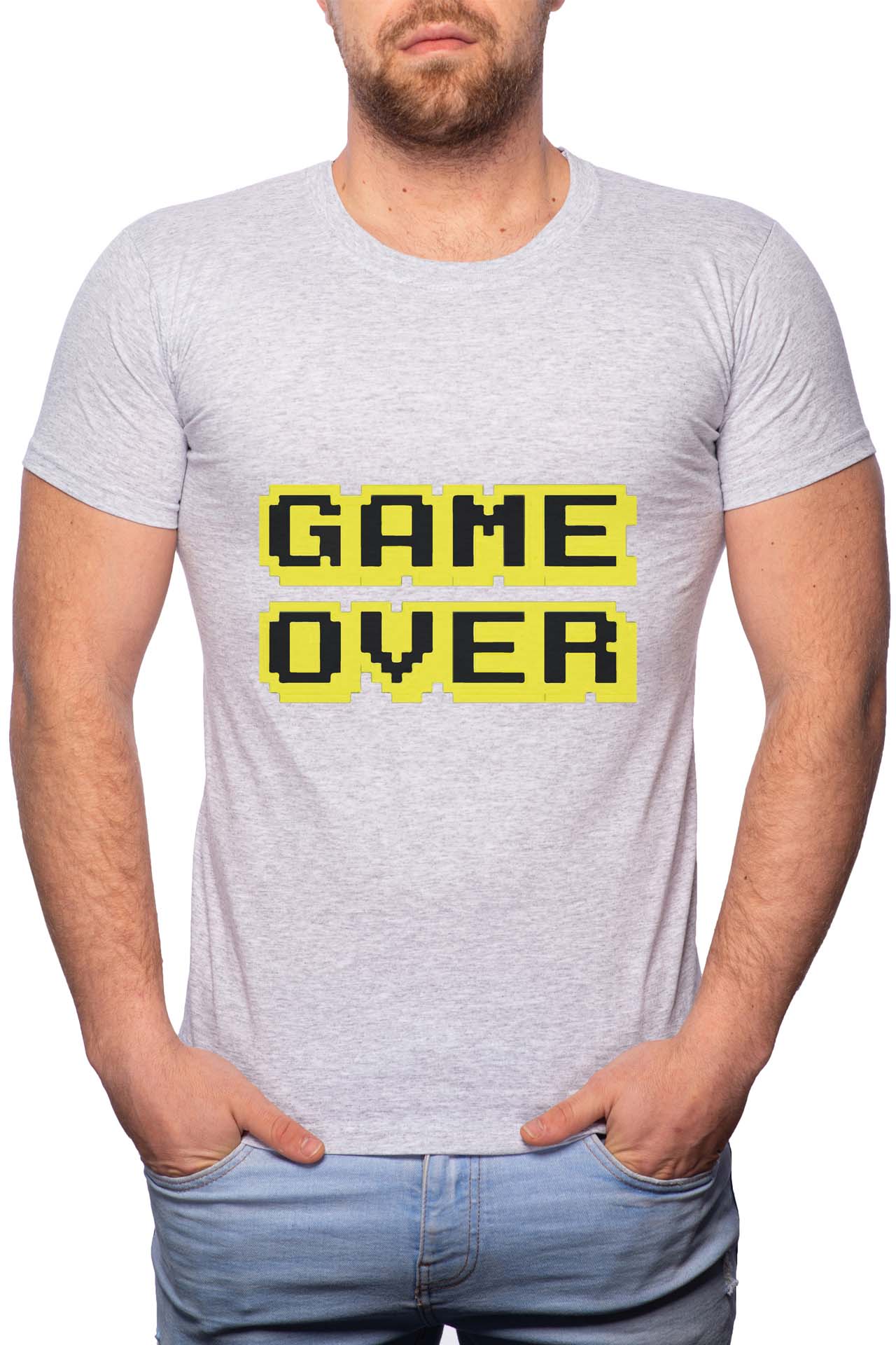 Tricou barbati, Game Over, 100% Bumbac, W156, Gri