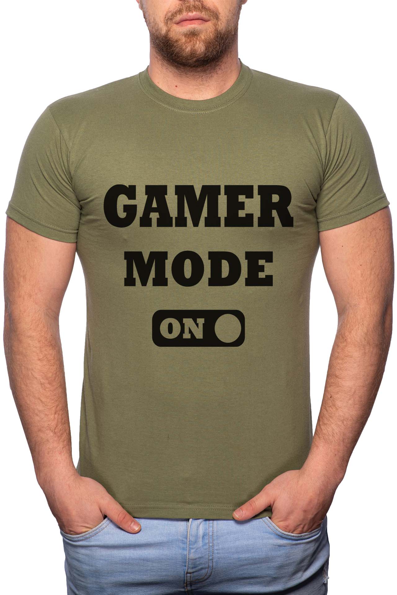 Tricou barbati, Gamer Mode, 100% Bumbac, B163, Verde militar