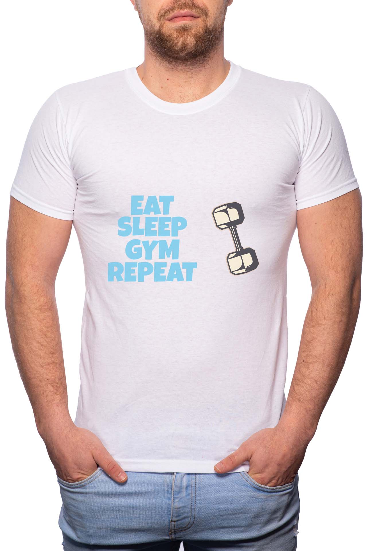 Tricou barbati, Eat Sleep Gym Repeat, 100% Bumbac, GR257, Alb