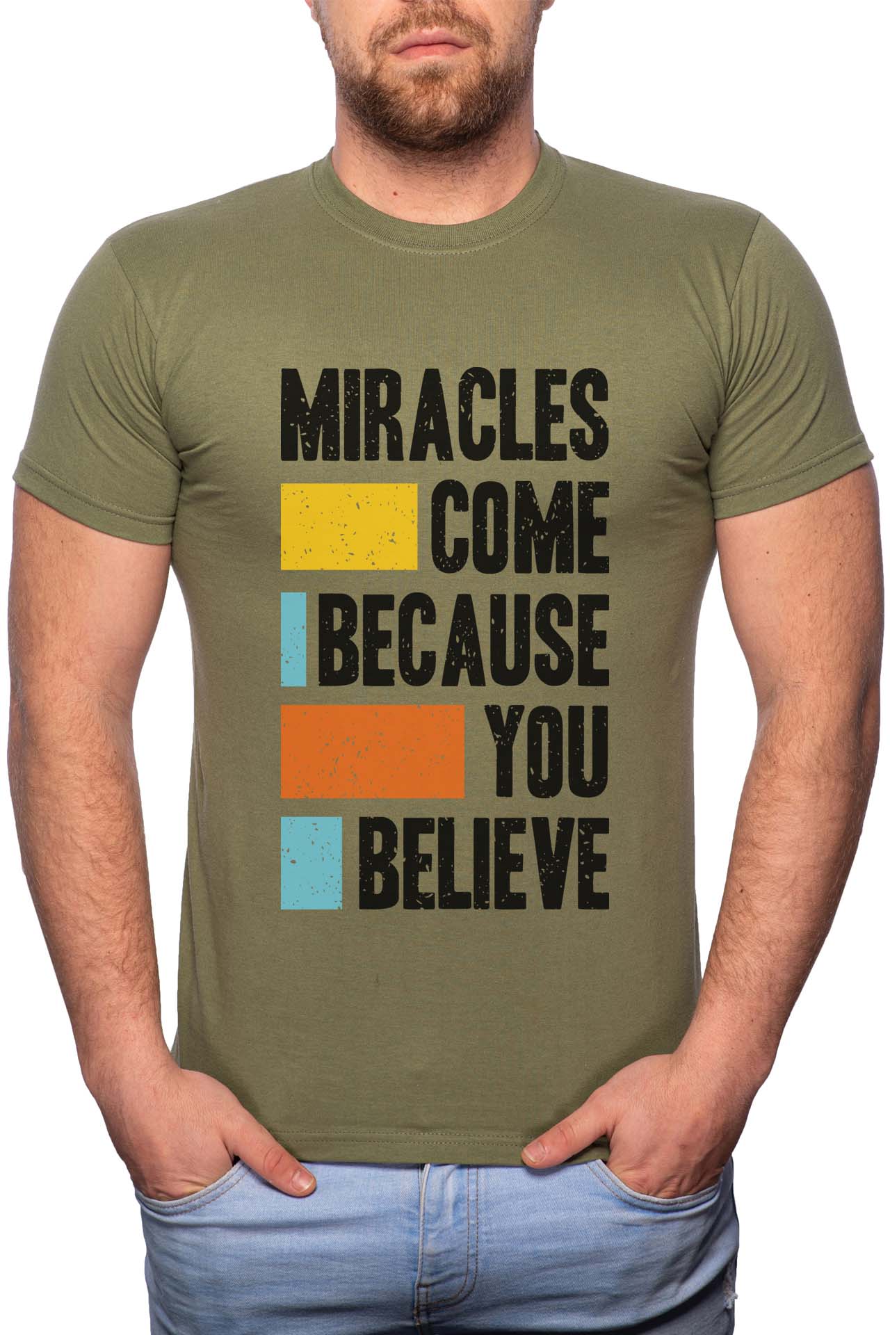 Tricou barbati, Believe, 100% Bumbac, B282, Verde militar