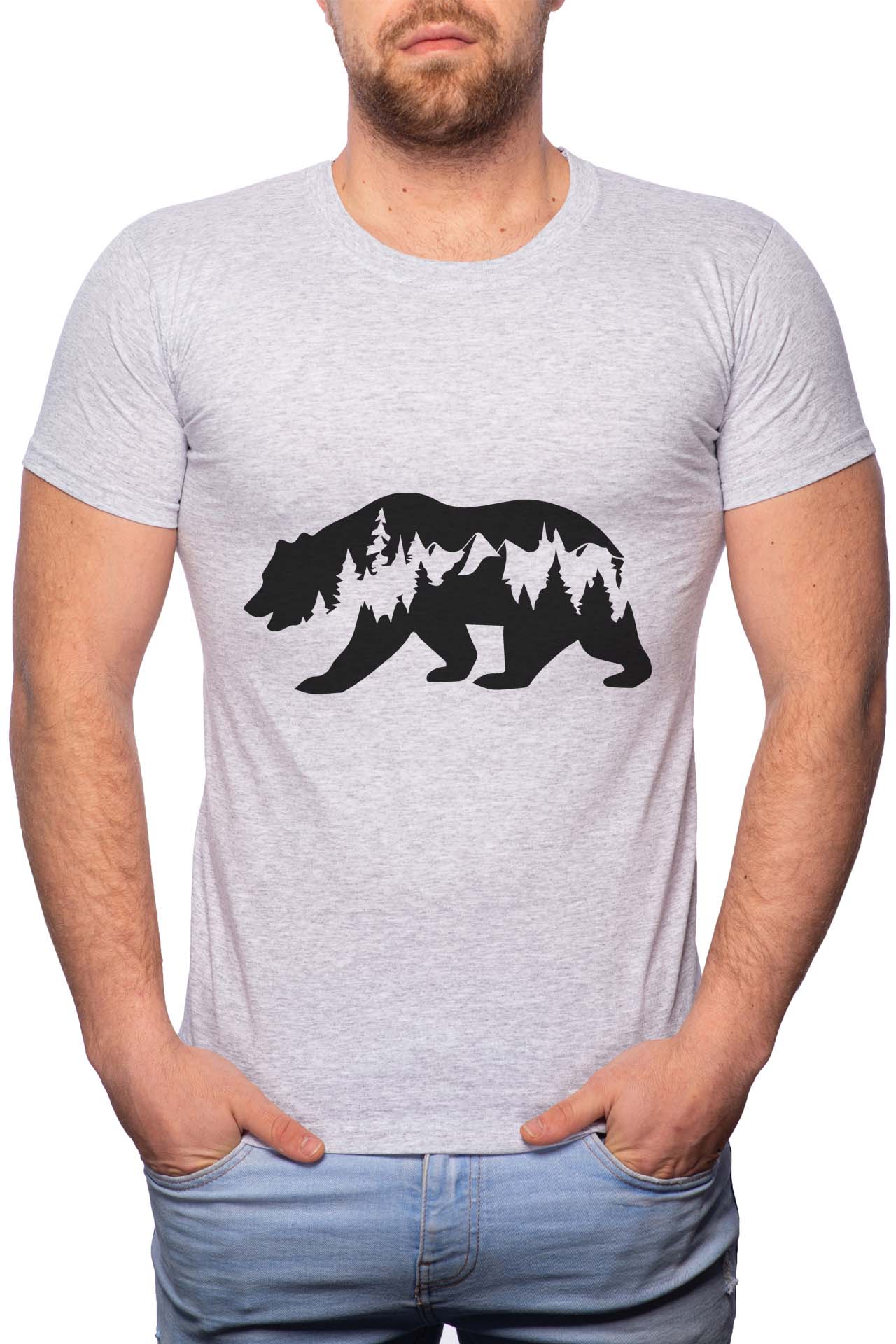 Tricou barbati, Bear, 100% Bumbac, W333, Gri