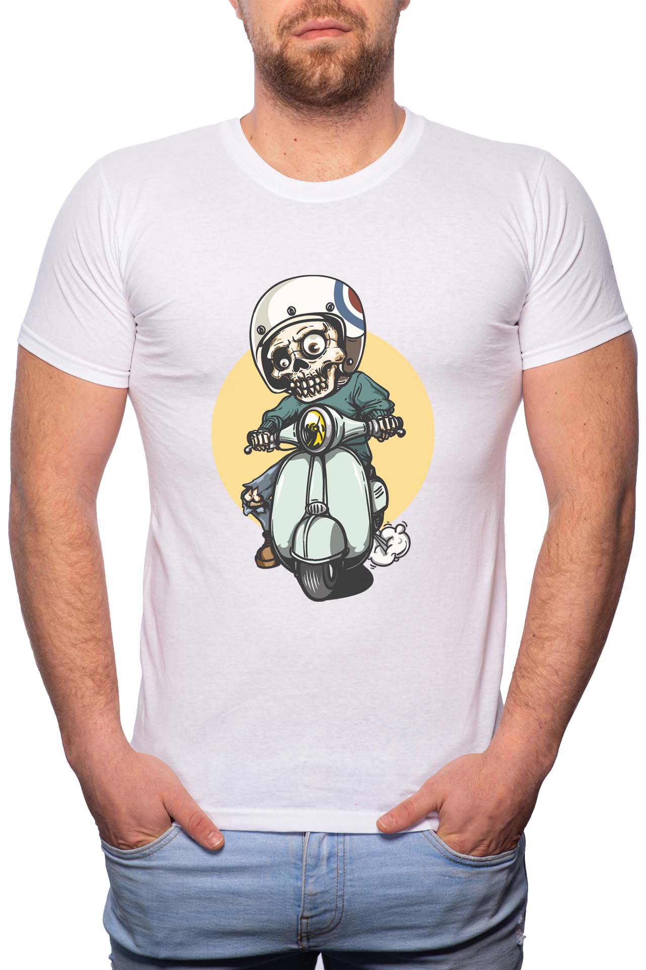 Tricou barbati, Biker Skeleton, 100% Bumbac, W297, Alb