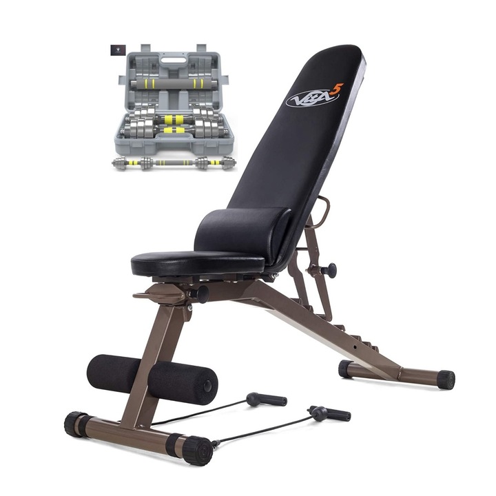 Set Banca multifunctionala Zoco Body Fit KK-025, impreuna cu gantere KK-9163, greutate totala 20 kg, Otel