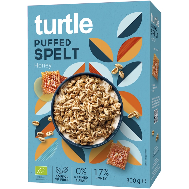 Cereale din grau spelta expandat ECO cu miere Turtle, 300g