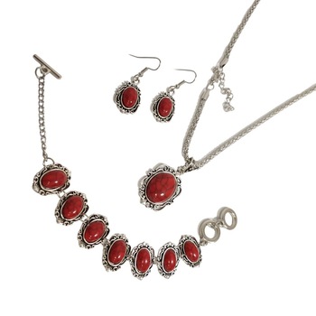 Set bijuterii, Eurozone, 3 piese, rosu, lant cu pandantiv, cercei si bratara Set bijuterii, Eurozone, 3 piese, rosu, lant cu pandantiv, cercei si bratara