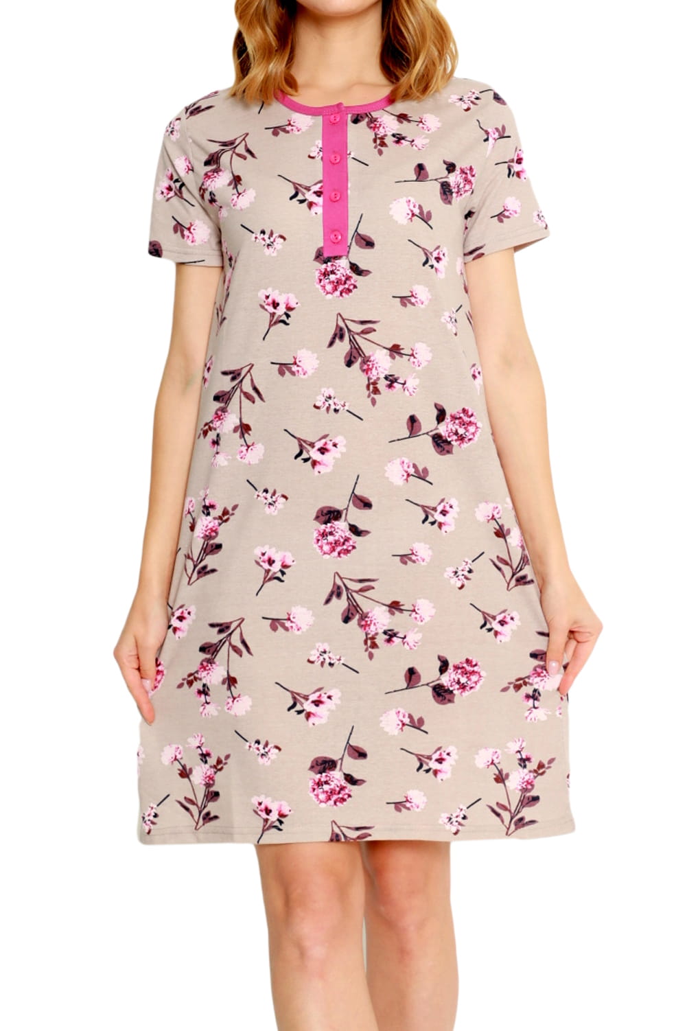 Rochie de noapte cu maneci scurte, La Penna, Model floral, Bej, Bej