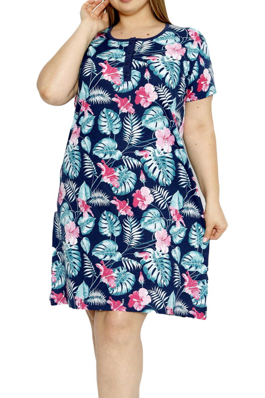 Rochie de noapte cu maneci scurte, La Penna, Model cu frunze, Bleumarin, Multicolor