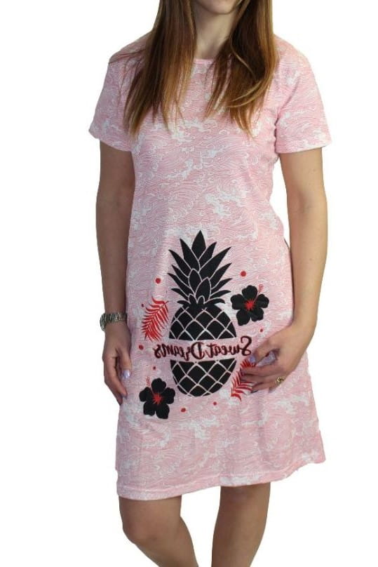 Rochie de noapte cu maneci scurte, Rinda, Model cu ananas, Roz