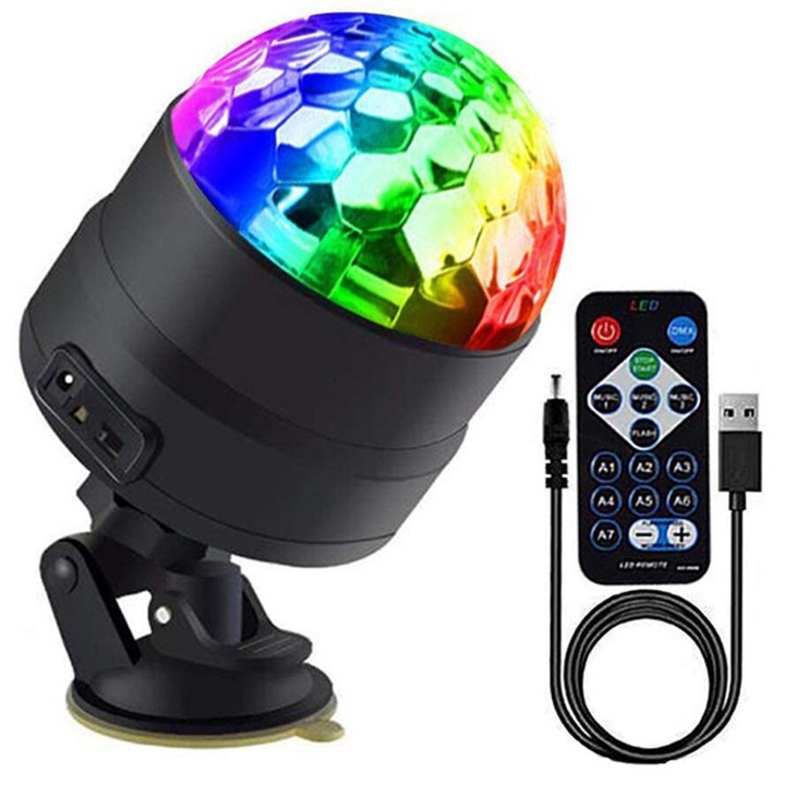Proiector Disco Ball LED, Kosiil®, 3 moduri, 7 culori, AC/ABS, UBS, 1W x 4 LED, Negru