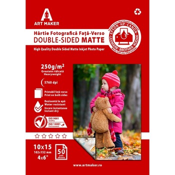 Hartie foto fata-verso Art Maker Mata, 220g/mp, 10×15 cm, 100 coli Hartie foto fata-verso Art Maker Mata, 220g/mp, 10×15 cm, 100 coli