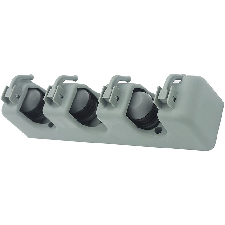 Suport multifunctional de perete pentru maturi si mop, awwaline®, 3 spatii pentru unelte si 4 cuiere, sistem ingenios de agatare