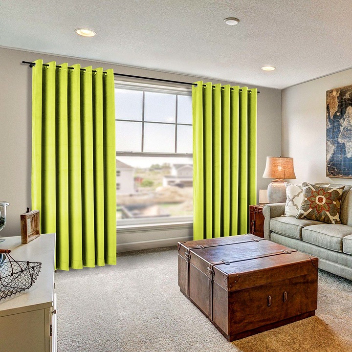 Set draperii din catifea cu inele albe, Madison, 250x260 cm, densitate 700 g/ml, Lime, 2 buc