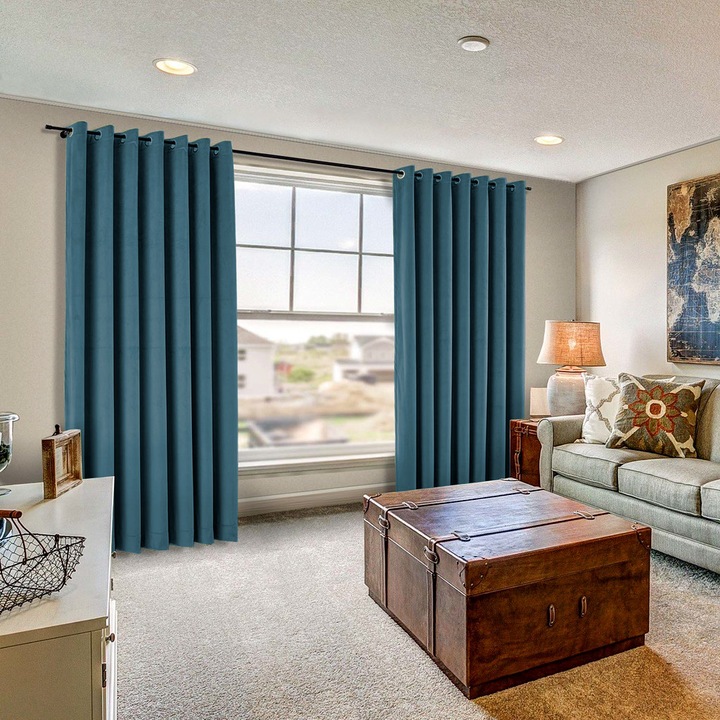 Set draperii din catifea cu inele argintii, Madison, 250x270 cm, densitate 700 g/ml, Turcoaz, 2 buc