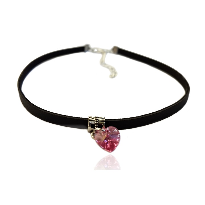 Choker dama, Olimon MDM, Piele ecologica, Cu cristal Swarovski® Heart, Rose ab, lungime 30 cm + extensie 7 cm, Roz