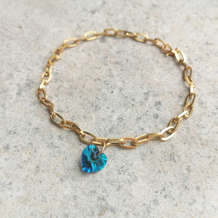 Bratara dama, Olimon MDM, Aliaj, cu cristale Swarovski®, inima, albastru Bermude, Albastru/Auriu