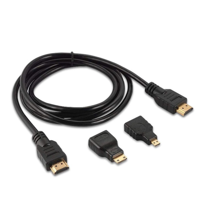 Cablu HDMI 3 in 1 si convectori mini/micro HDMI, Parafasa, 1.5 m, Negru