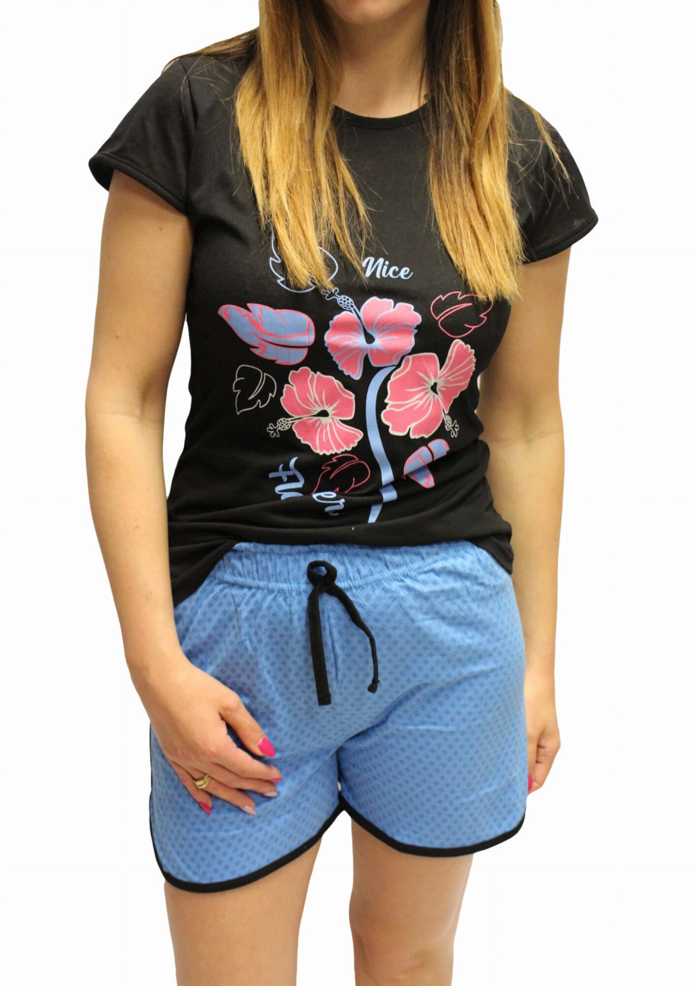 Pijama scurta cu imprimeu floral, Rinda, Banda elastica in talie, Multicolor, Multicolor