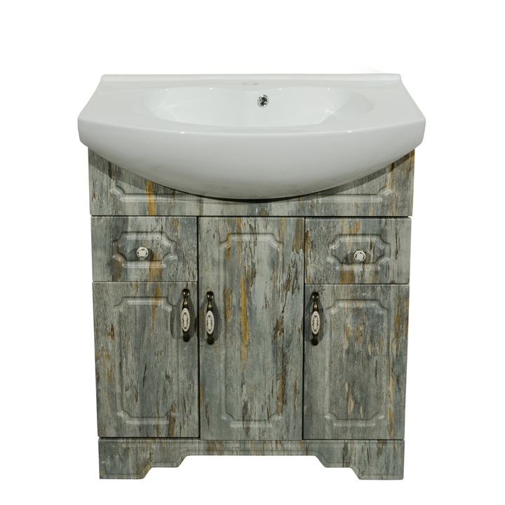 Set baza mobilier baie Malaga 70 x 46 x 81 cm cu lavoar ceramic, efect lemn invechit