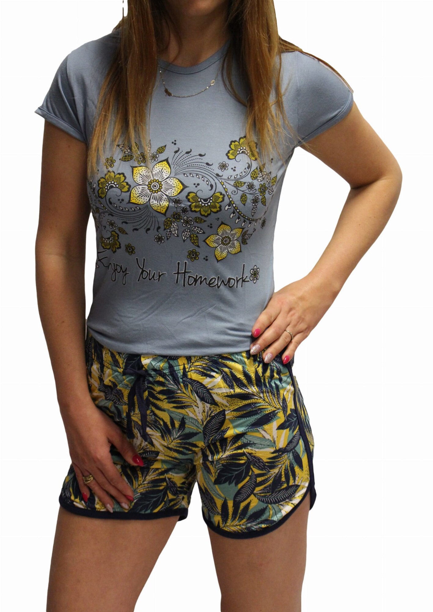 Pijama scurta cu imprimeu floral, Rinda, Talie cu banda elastica, Multicolor