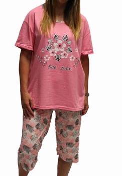 Pijama cu pantaloni trei sferturi si imprimeu floral, Rinda, Talie cu banda elastica, Roz, Roz Pijama cu pantaloni trei sferturi si imprimeu floral, Rinda, Talie cu banda elastica, Roz, Roz