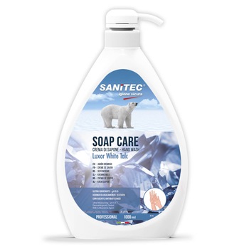 Sapun lichid crema antibacterian cu glicerina, SANITEC LUXOR WHITE TALC 1L, ultra hidratant pentru maini, fata si corp Sapun lichid crema antibacterian cu glicerina, SANITEC LUXOR WHITE TALC 1L, ultra hidratant pentru maini, fata si corp