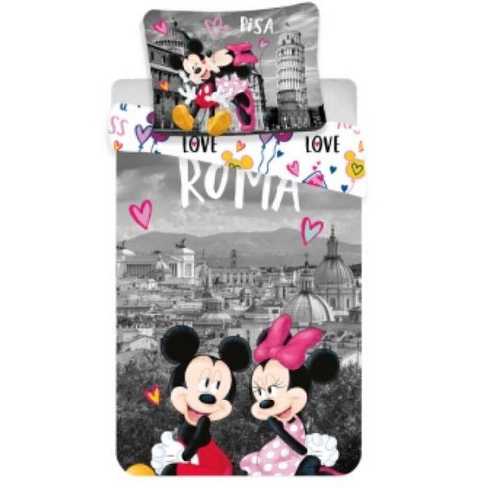 Lenjerie de pat pentru copii Jerry Fabrics, Minnie si Mickey Mouse Roma, Bumbac, 140x200cm
