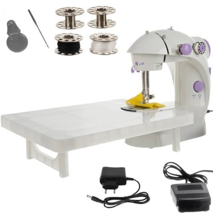 Mini hordozható elektromos varrógép, asztallal, pedállal és tartozékokkal, 220V / 4xAA tápegységgel, fehér / lila