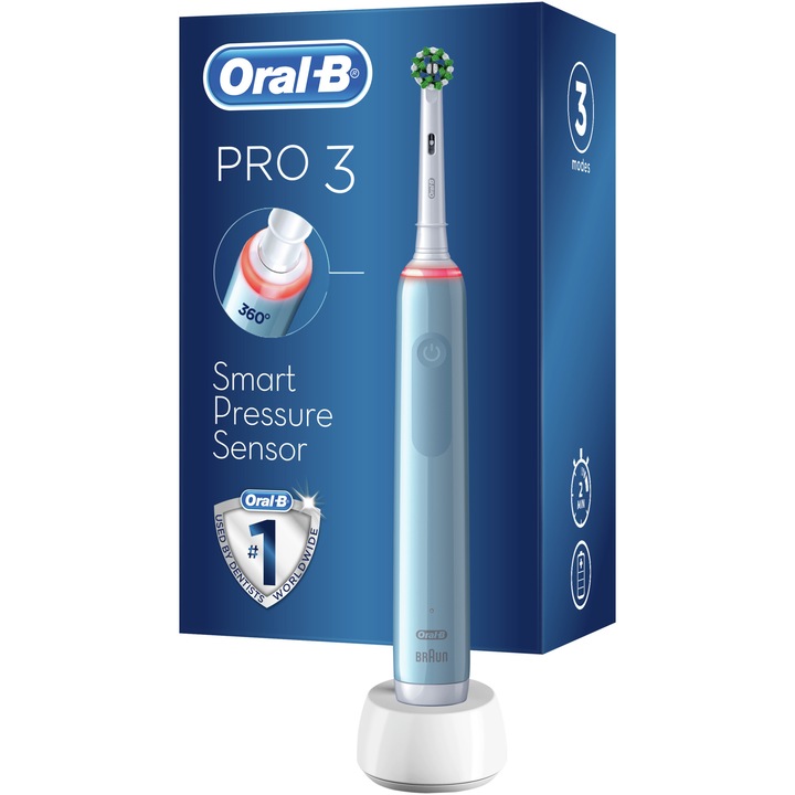 Periuta de dinti electrica Oral-B Pro 3 Cross Action, Curatare 3D, 3 programe, 1 capat, Albastru