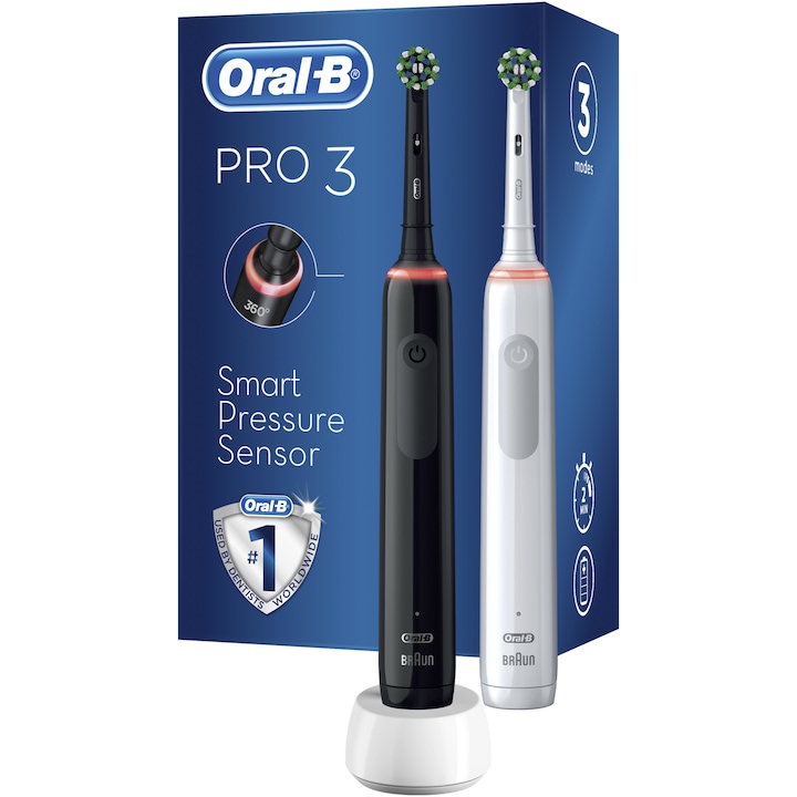 Oral-B PRO3 3900 2 db, Cross Action fejjel, időmérő, nyomásérzékelő technológia, fekete és fehér