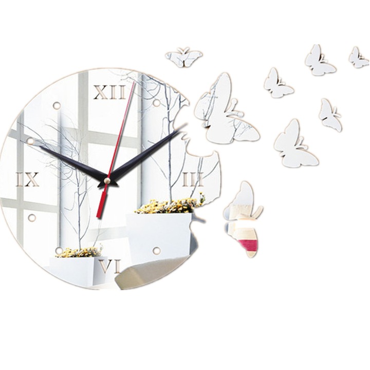 Декоративен стенен часовник, BOMSTOM, Акрил, Огледален стил, 28 см, Сребро