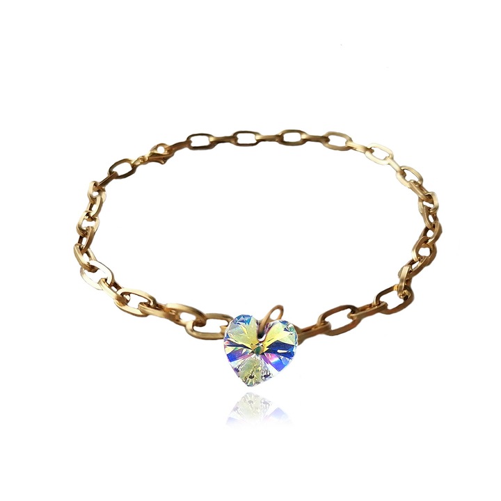 Bratara dama, Olimon MDM, Aliaj, Cu Cristal Inima Swarovski®, Cristal Ab, lungime 22 cm, Transparent/Auriu