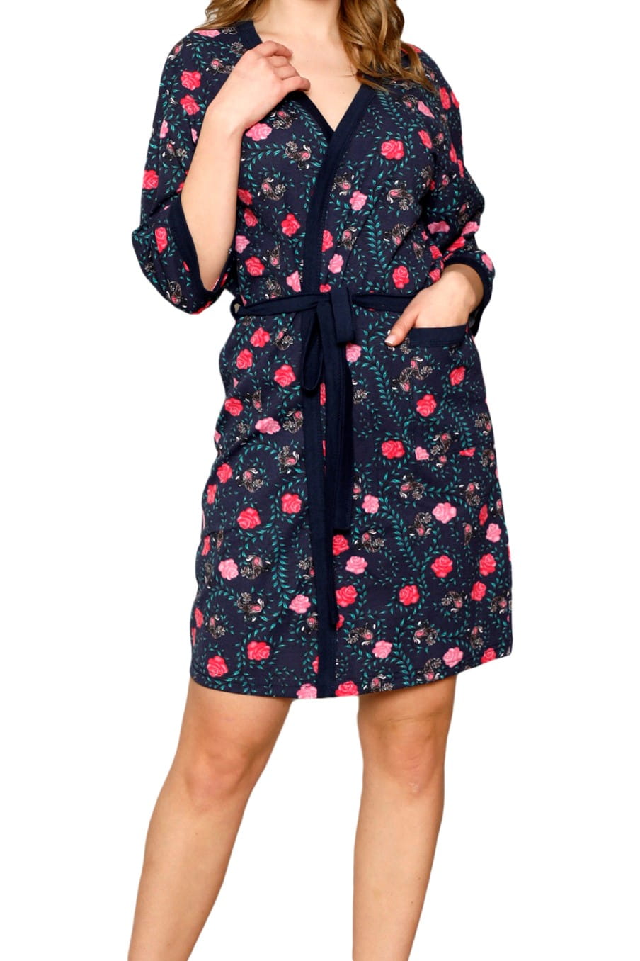 Halat de baie din bumbac cu maneci trei sferturi, La Penna, Imprimeu floral, Bleumarin, Bleumarin