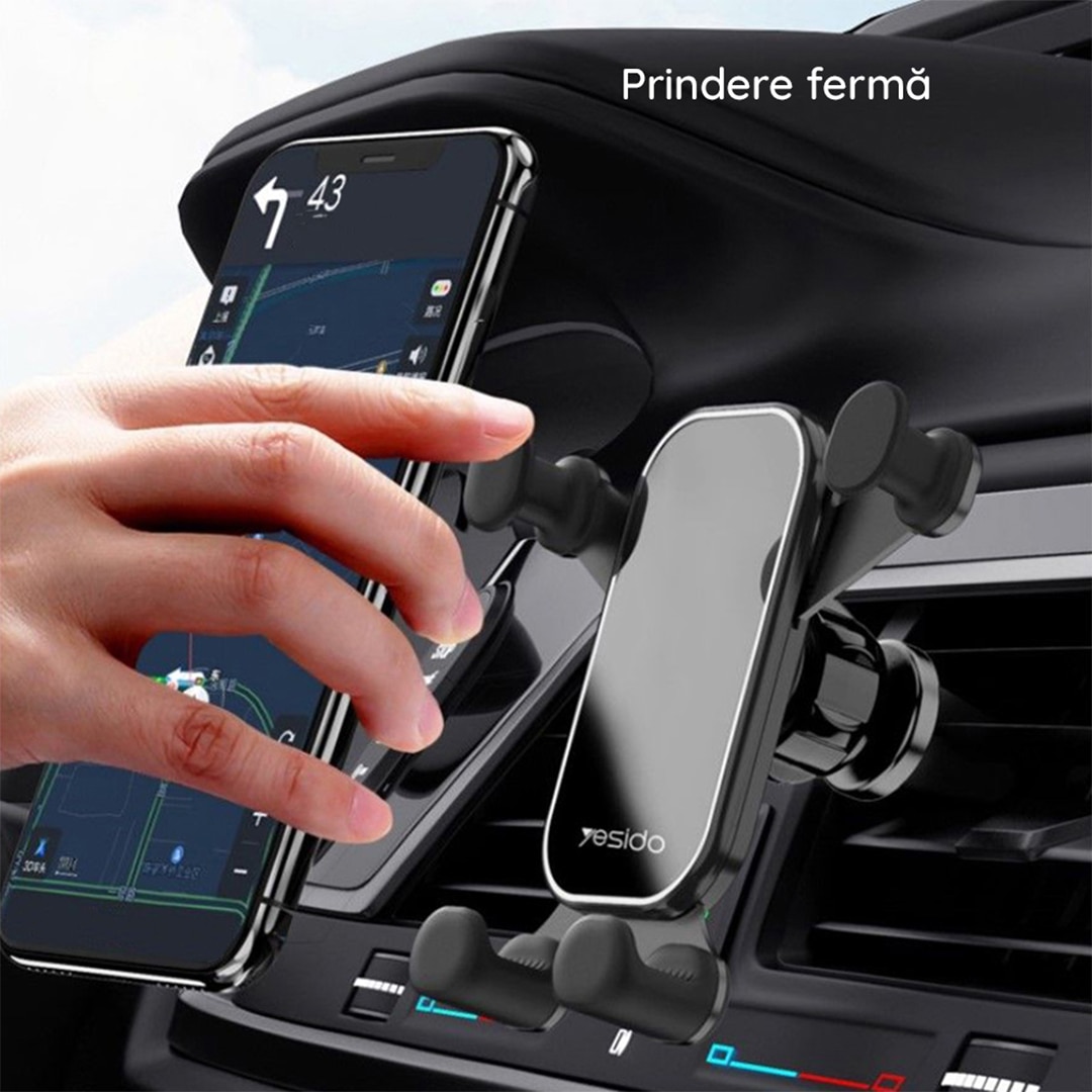 Suport Auto Yesido GlassTech pentru telefon - Sistem anti-gravitational,  Fixare sigura in grila de ventilatie, Universal, Prindere Ferma si Sigura,  High Quality, Holder masina, Negru 