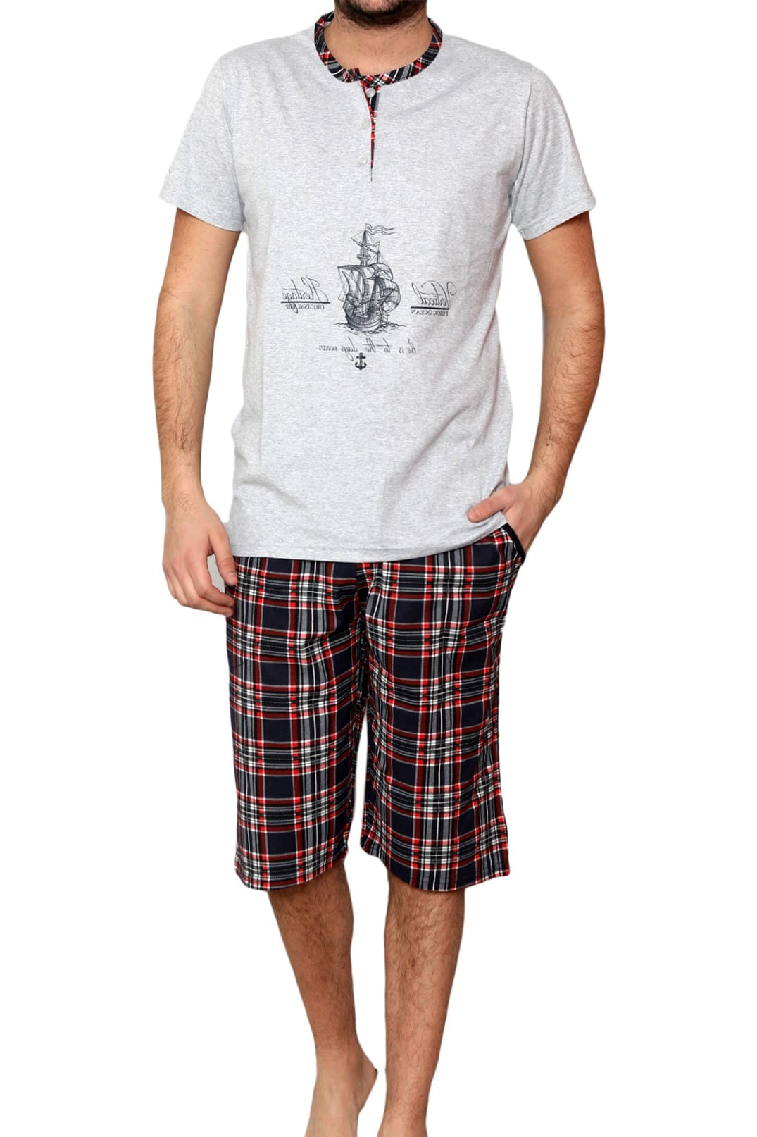 Pijama scurta cu imprimeu in carouri, La Penna, Gri, Gri