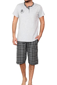 Pijama scurta cu imprimeu in carouri, La Penna, Gri/Negru, Gri/Negru Pijama scurta cu imprimeu in carouri, La Penna, Gri/Negru, Gri/Negru