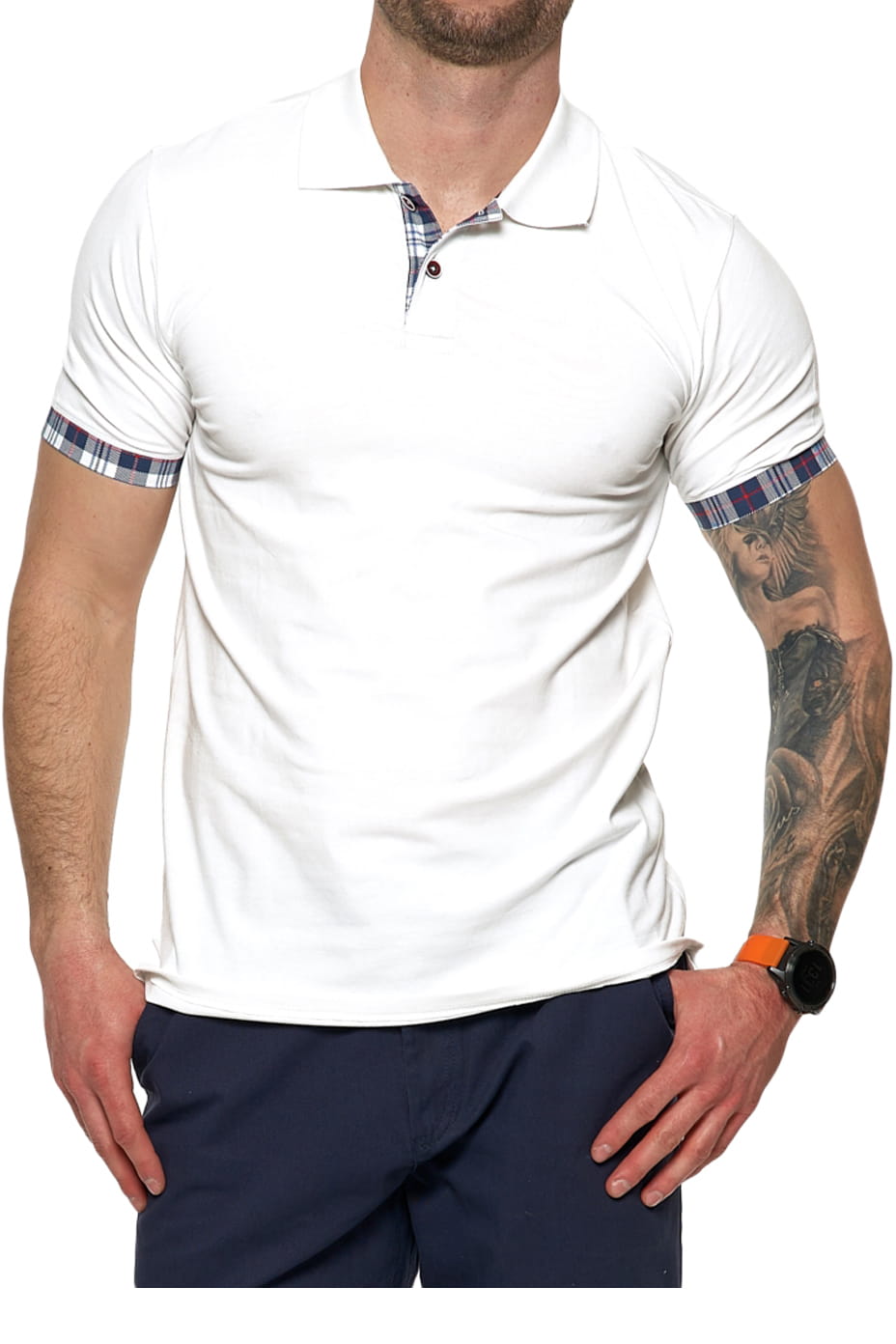 Tricou polo barbatesc, Moraj, Imprimeu uni, Detalii in zona manecilor, Alb, Alb