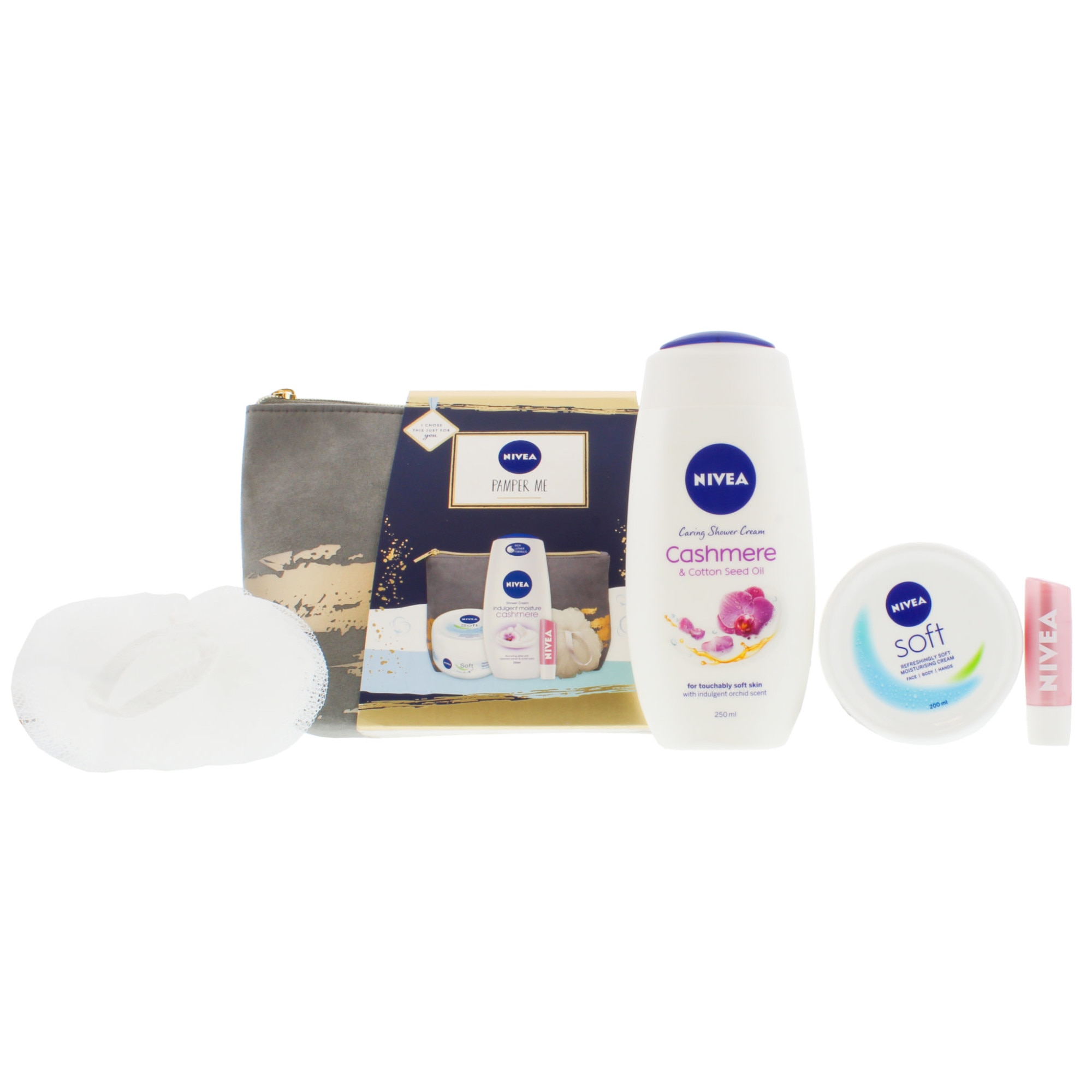 Set 5 Piese Nivea, Pamper me, 1x Crema de Dus Cashmere 250 ml, 1x Crema Soft 200 ml, 1 x Balsam de Buze 4,8 gr, 1 x Burete de Baie, 1 x Geanta