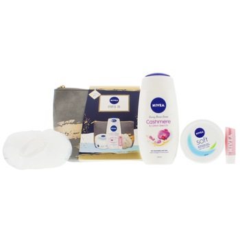 Set 5 Piese Nivea, Pamper me, 1x Crema de Dus Cashmere 250 ml, 1x Crema Soft 200 ml, 1 x Balsam de Buze 4,8 gr, 1 x Burete de Baie, 1 x Geanta Set 5 Piese Nivea, Pamper me, 1x Crema de Dus Cashmere 250 ml, 1x Crema Soft 200 ml, 1 x Balsam de Buze 4,8 gr, 1 x Burete de Baie, 1 x Geanta