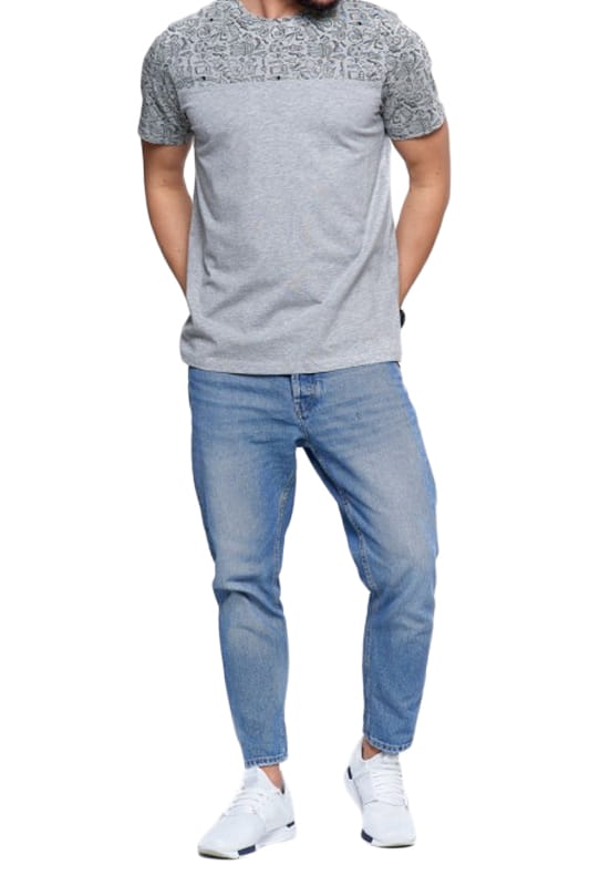 Tricou barbatesc din bumbac cu decolteu la baza gatului, Moraj, Imprimeu abstract, Gri