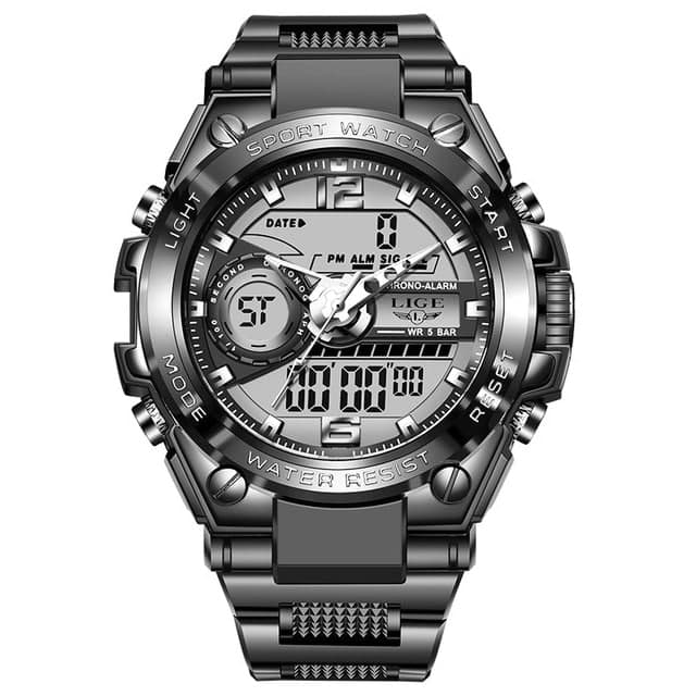 Ceas barbatesc Lige Quartz Sport Dual Time Digital Rezistent la apa si socuri, Negru