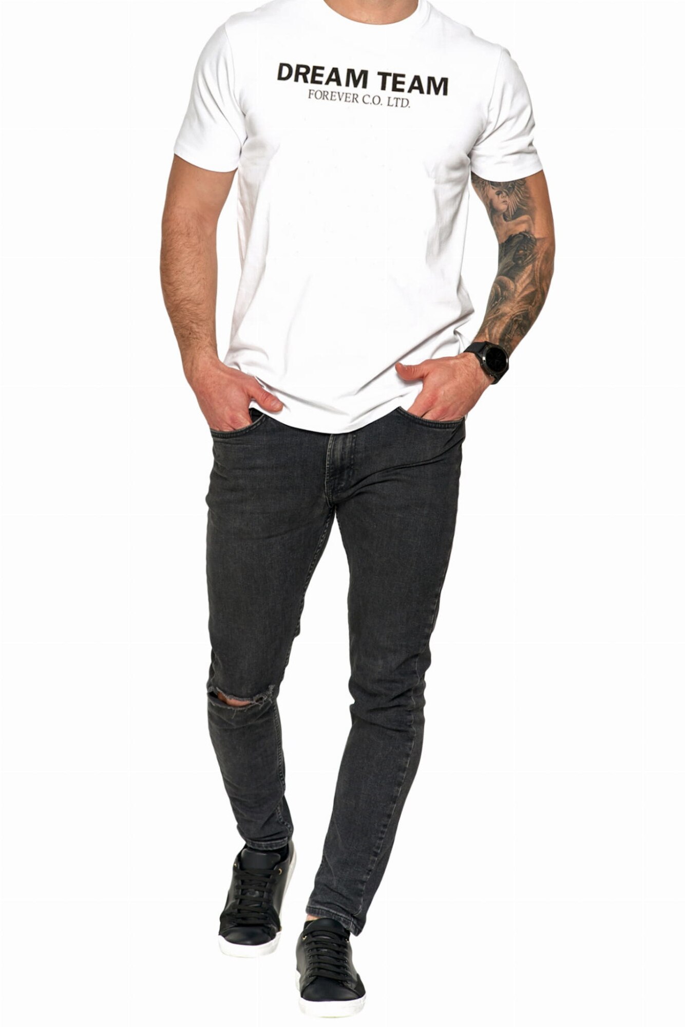 Tricou barbatesc din bumbac cu decolteu la baza gatului, Moraj, Imprimeu text, Alb, Alb