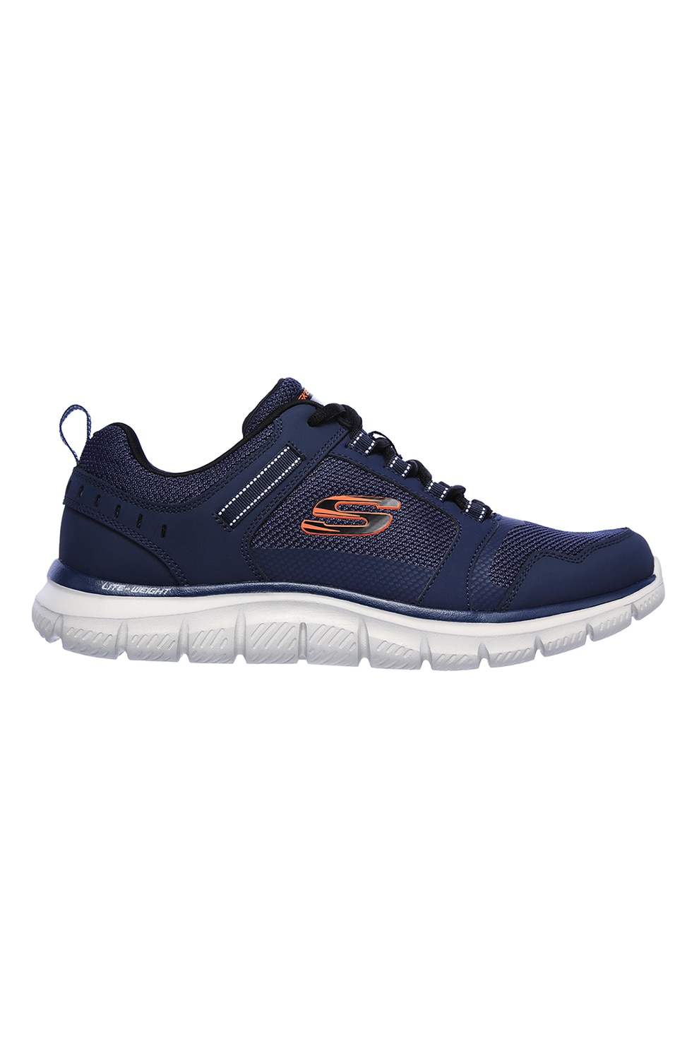 Skechers, Pantofi cu insertii de piele pentru fitness Track-Knockhill, Bleumarin/Oranj
