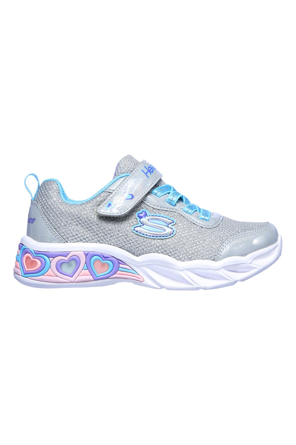 Skechers, Pantofi sport de plasa cu LED-uri Sweetheart Lights, Argintiu/Bleu