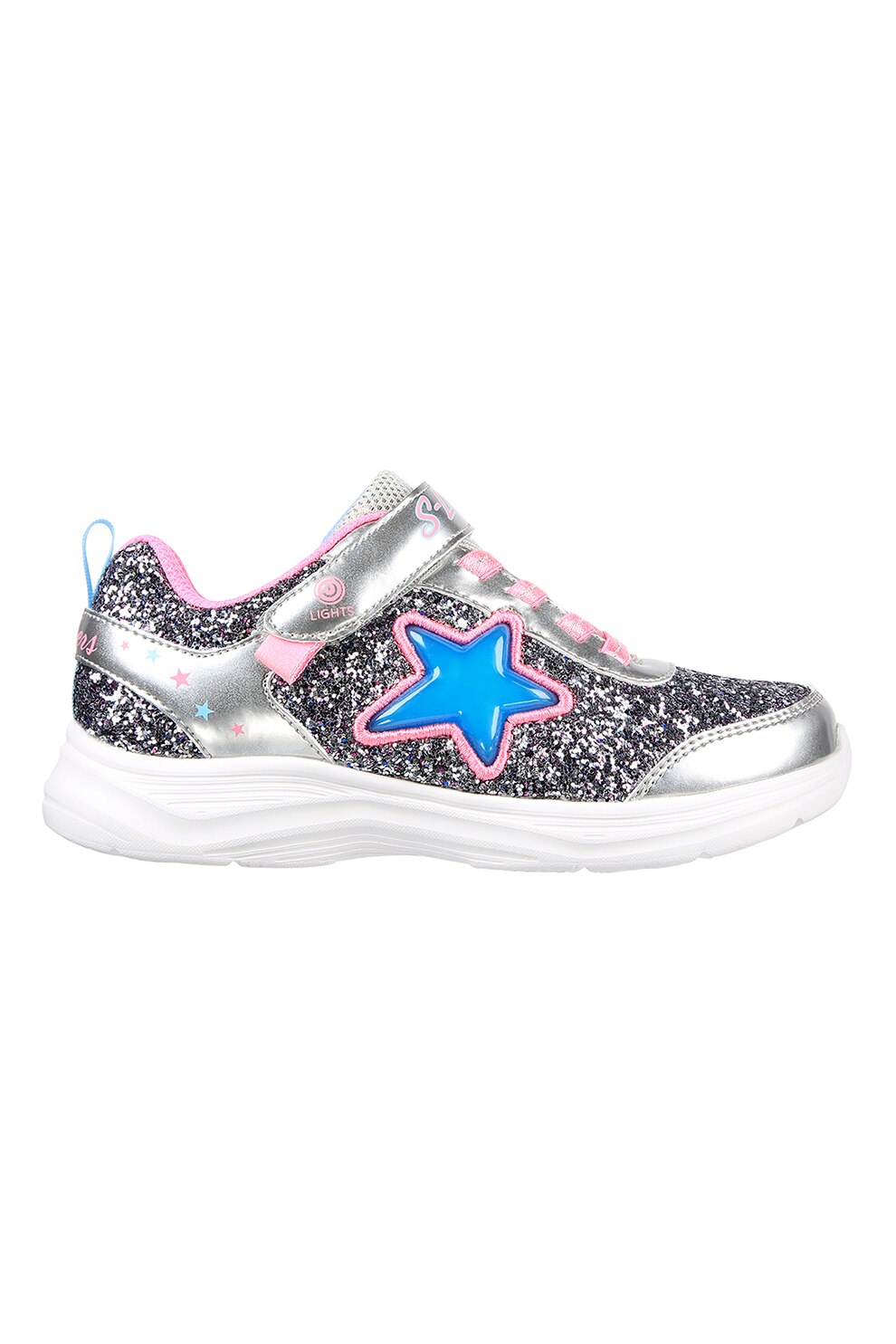 Skechers, Pantofi sport cu LED-uri Starlet Shine, Argintiu inchis/Roz