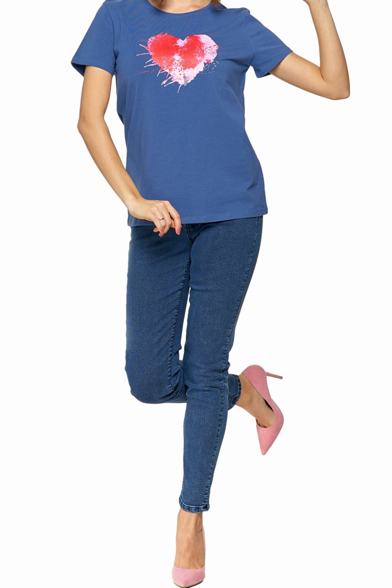 Tricou din bumbac cu decolteu rotund, Moraj, Imprimeu inima, Albastru, Albastru